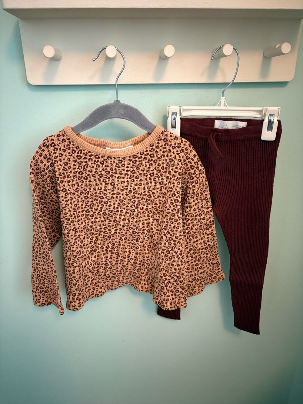 Zara Tan Leopard-Print Long Sleeve Top with Burgundy Ribbed Leggings